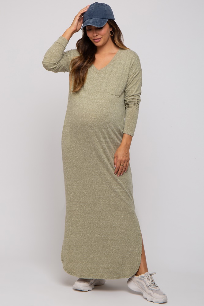 light olive heathered pocketed long sleeve maternity maxi dress