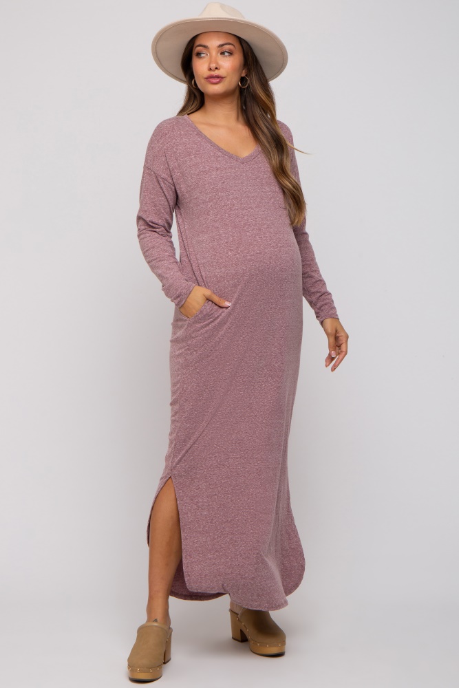 plum heathered pocketed long sleeve maternity maxi dress