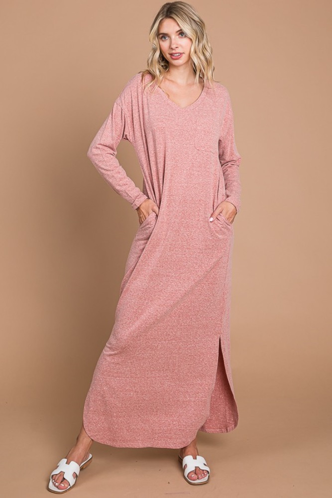 pink heathered pocketed long sleeve maxi dress