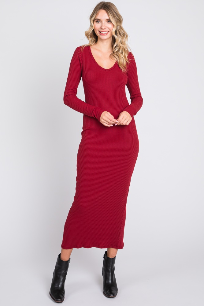 burgundy ribbed long sleeve maxi dress