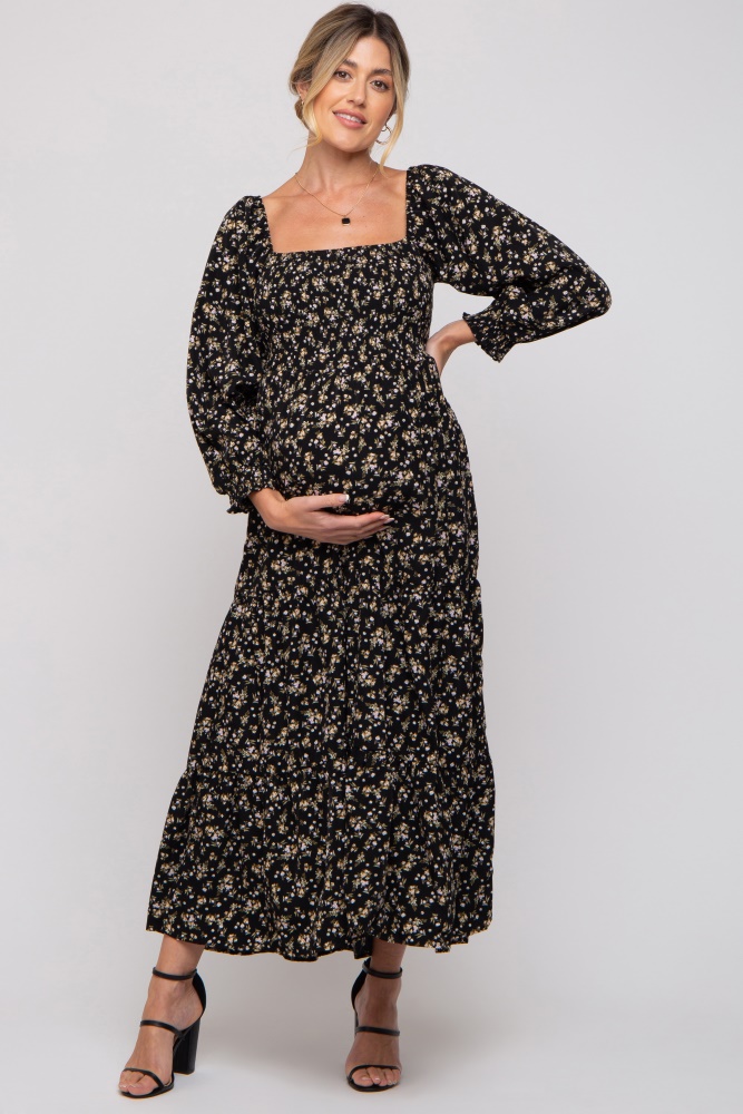 black floral smocked long sleeve maternity maxi dress