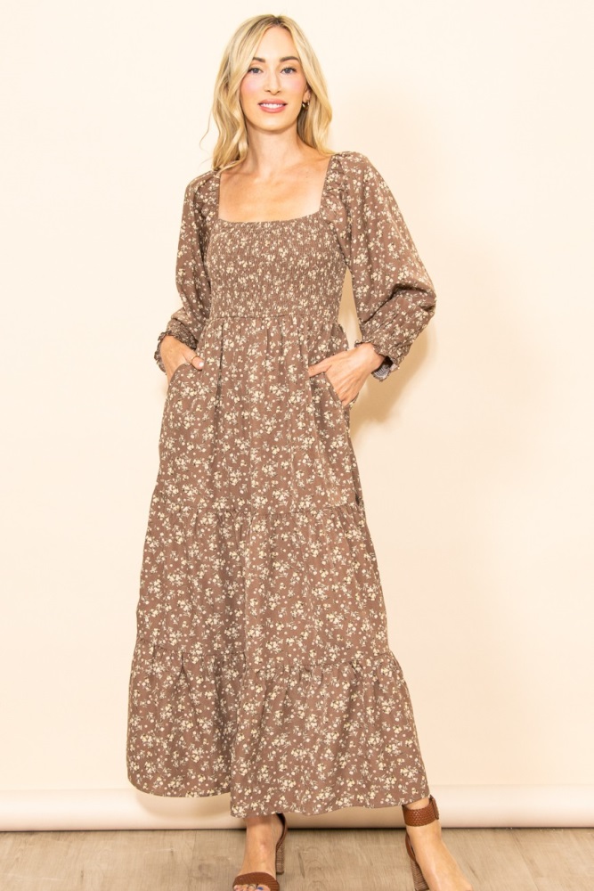 mocha floral smocked long sleeve maxi dress