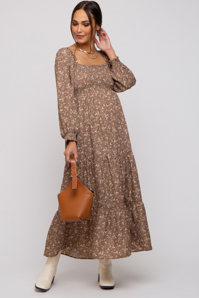 mocha floral smocked long sleeve maternity maxi dress