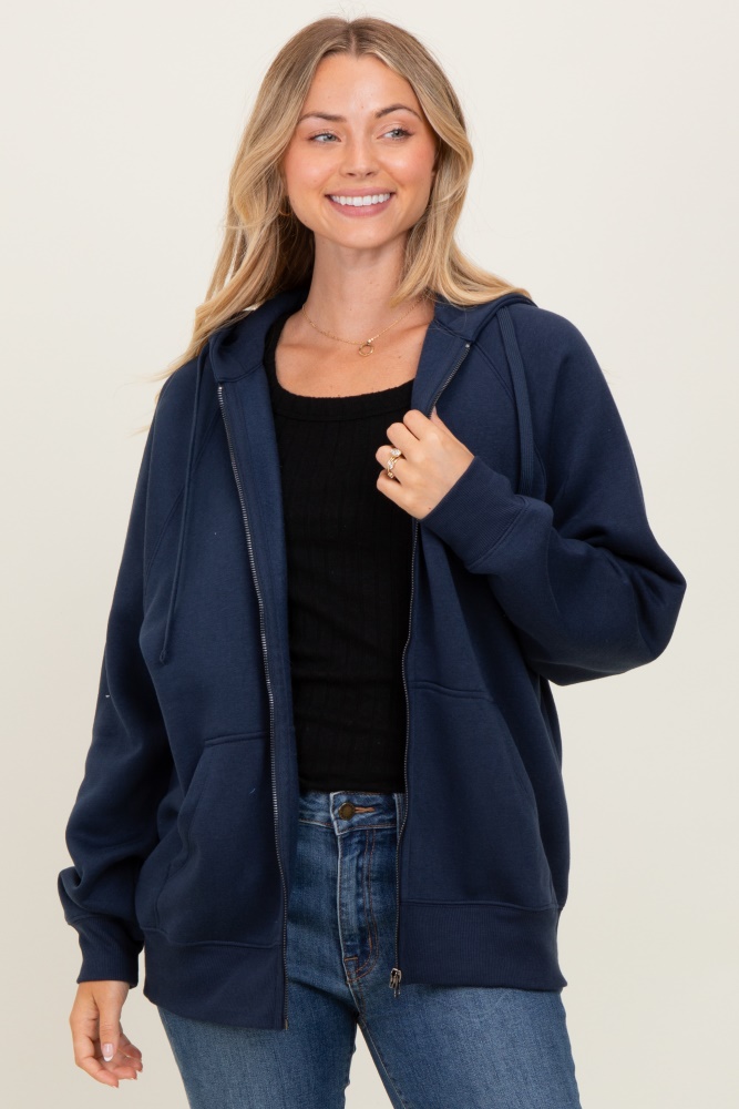 Navy Front Zipper Hooded Sweater