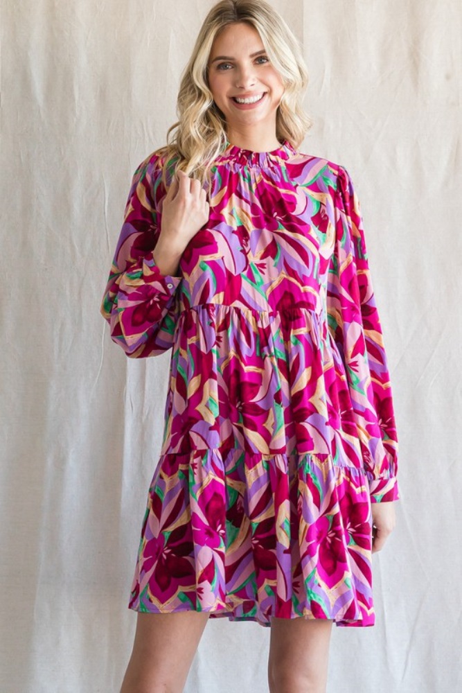 magenta floral ruffle mock neck dress