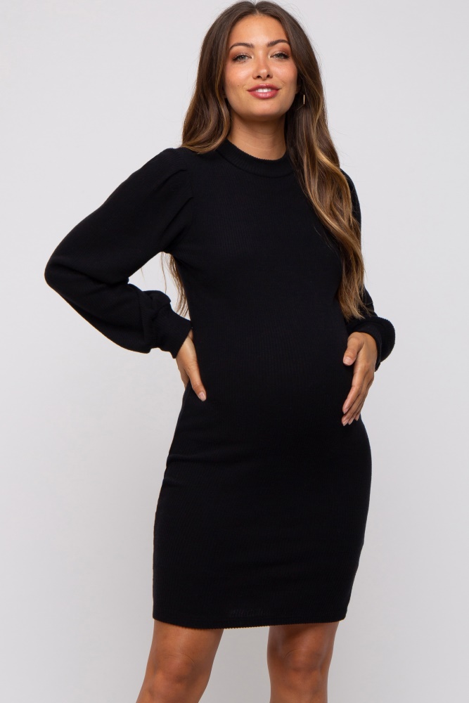 black ribbed long sleeve mock neck maternity dress