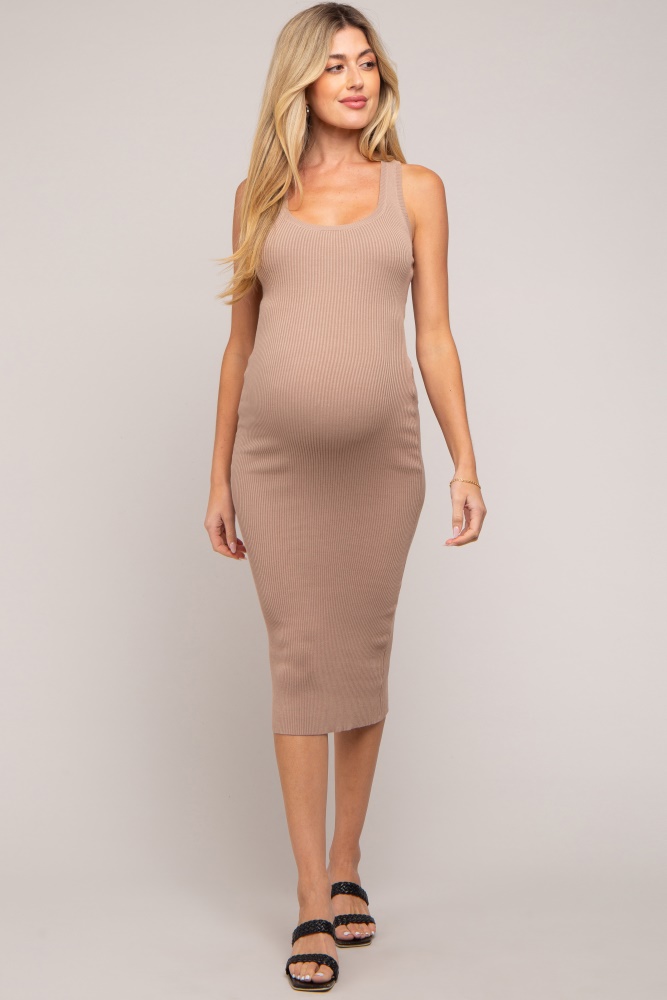 mocha fitted knit maternity midi dress