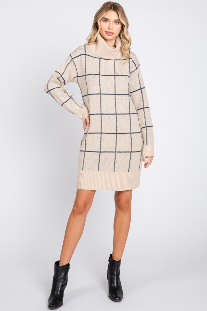 taupe windowpane turtleneck sweater dress