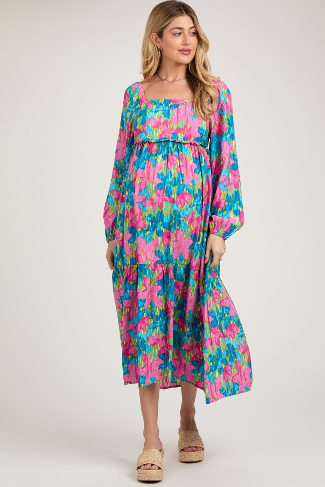 blue floral long sleeve maternity midi dress