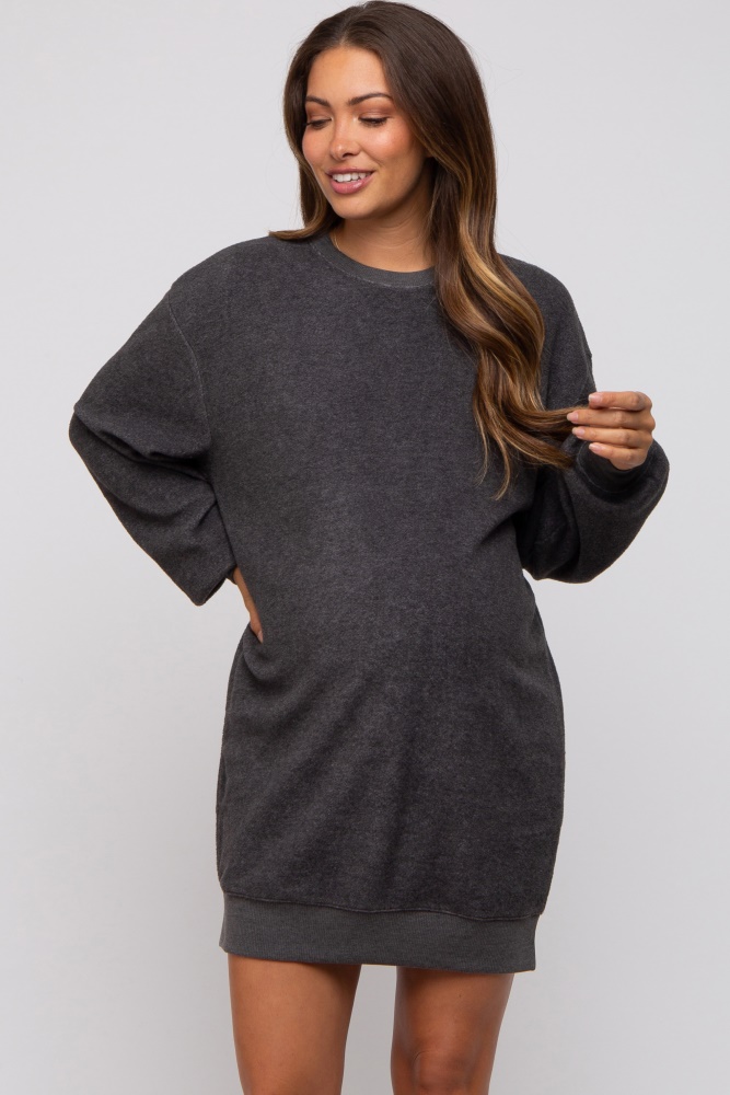 charcoal fleece oversized maternity sweatshirt mini dress