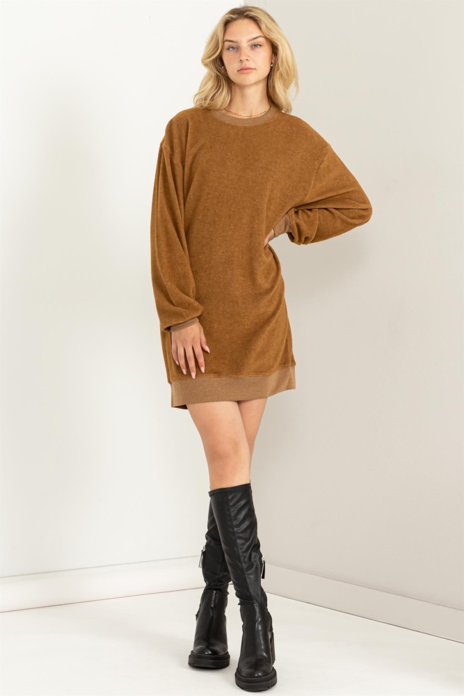 brown fleece oversized sweatshirt mini dress