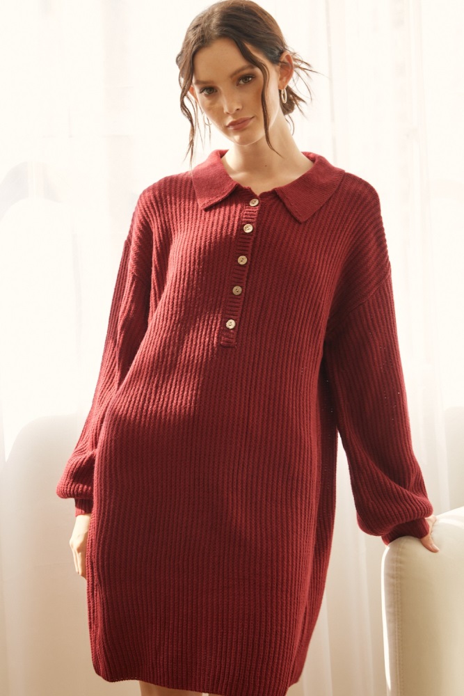 burgundy collared button front sweater dress