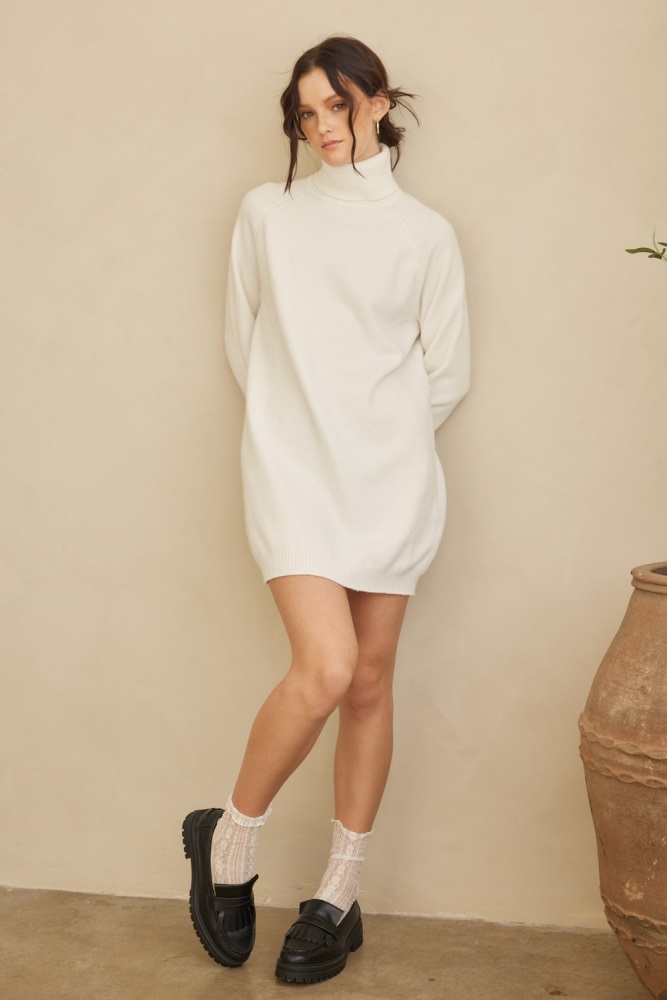 cream knit long sleeve turtleneck sweater dress