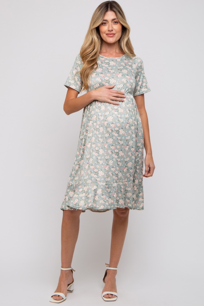 light olive floral knit short sleeve maternity dress