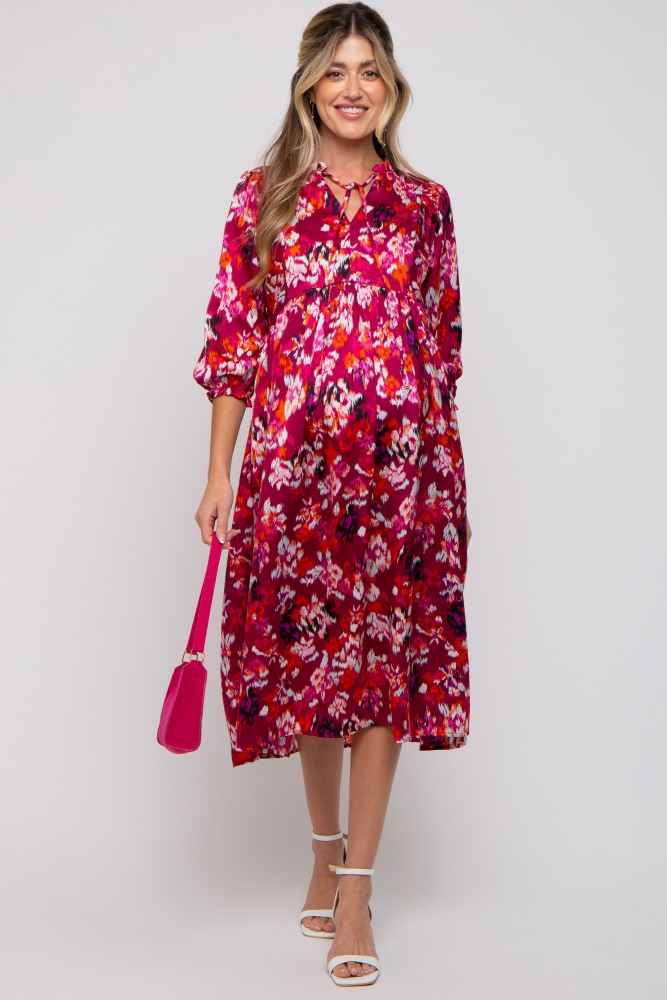 magenta floral satin ruffle neck maternity midi dress