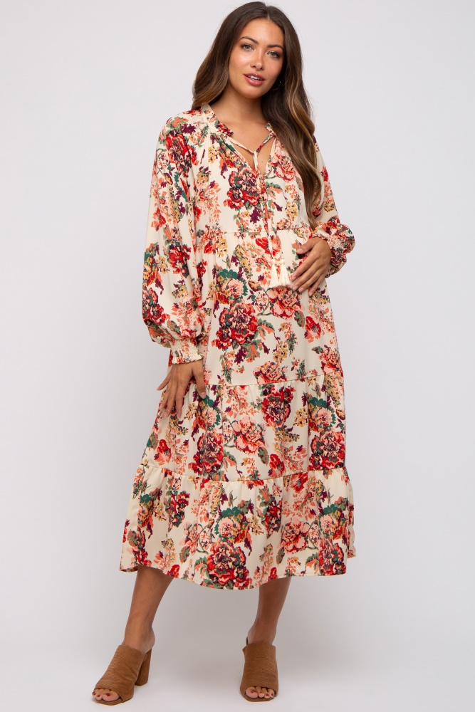 cream floral ruffle neck tiered maternity midi dress