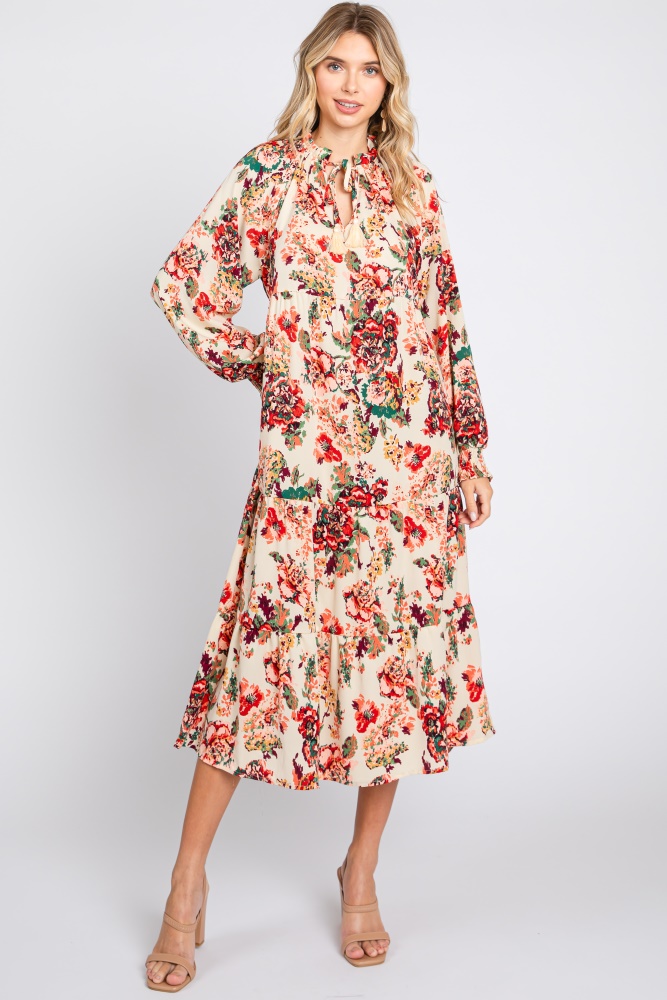 cream floral ruffle neck tiered midi dress