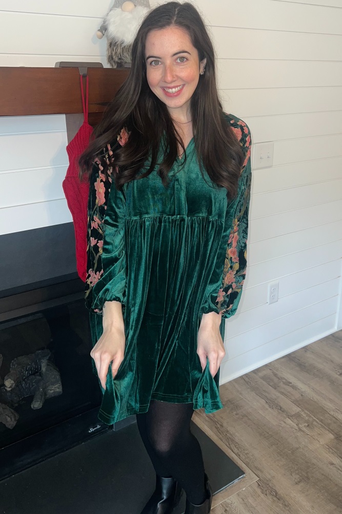 Forest Green Velvet Floral Long Sleeve Dress  PinkBlush