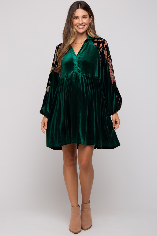 forest green velvet floral long sleeve maternity dress