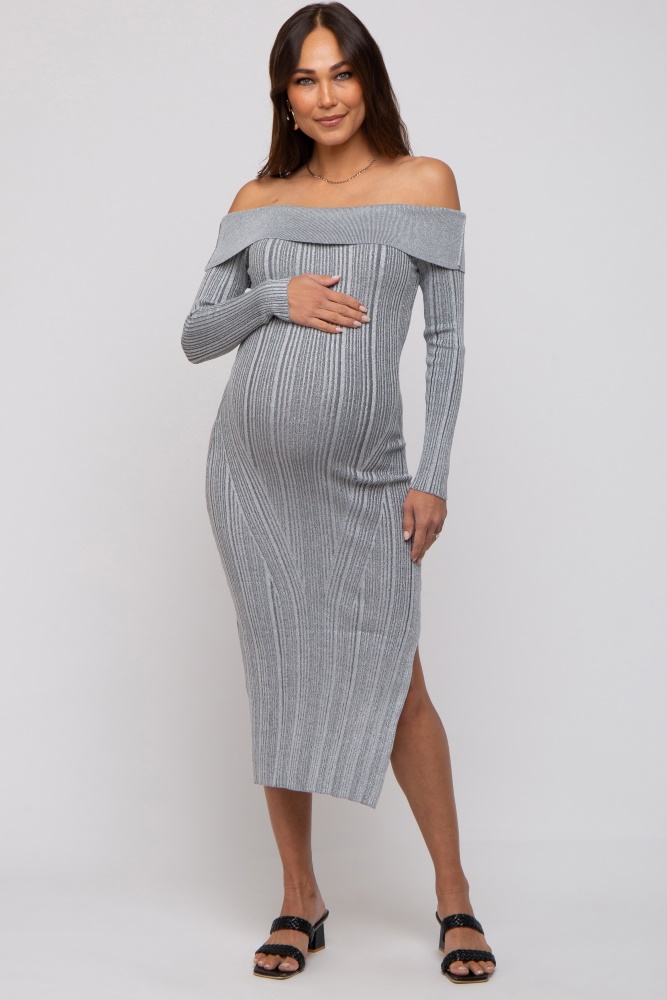 grey metallic ribbed side slit off shoulder maternity midi dress