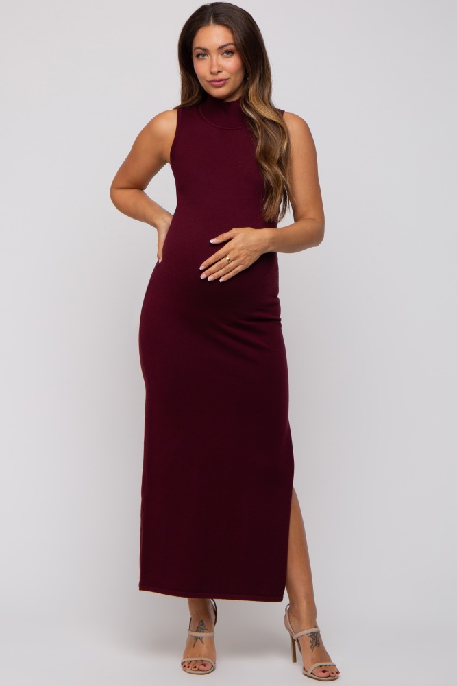 burgundy sleeveless mock neck maternity midi dress