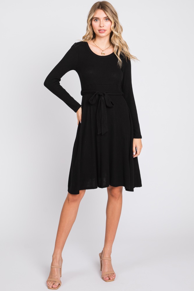 black soft rib knit sash tie dress