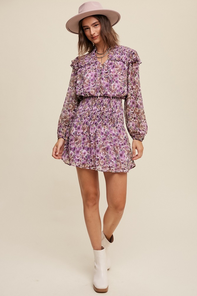 violet floral print ruffle smocked dress