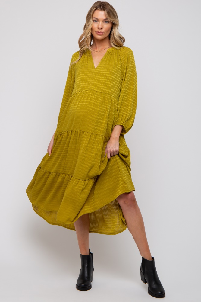 lime textured tiered maternity midi dress