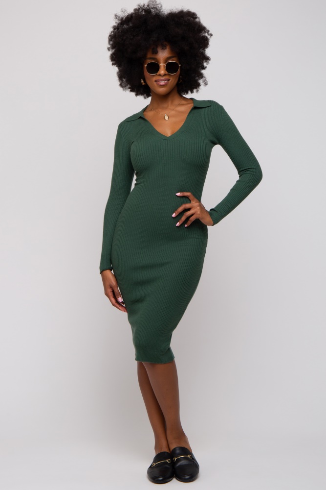 forest green ribbed knit fitted dress