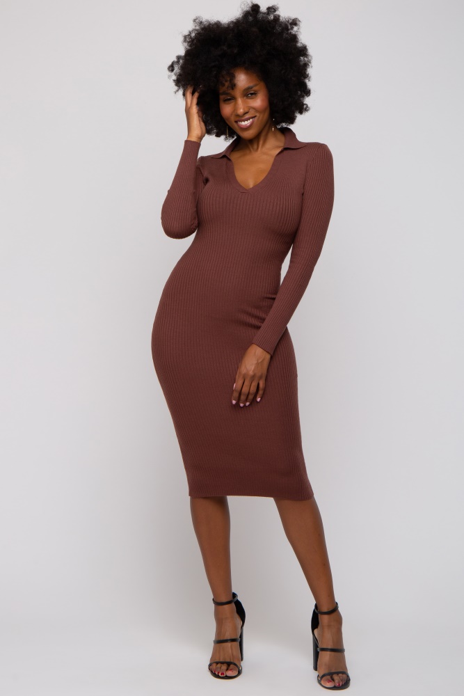 brown ribbed knit fitted dress