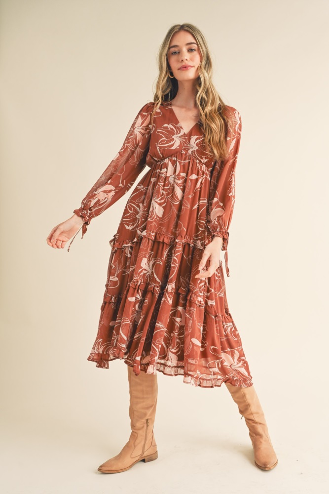 brown floral chiffon ruffle tiered midi dress