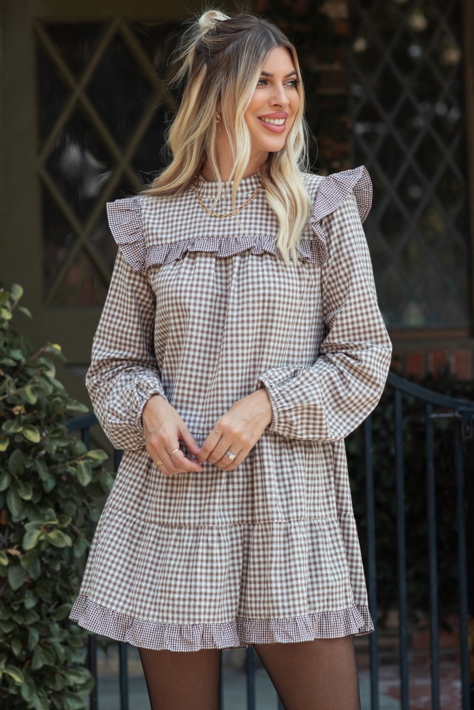 taupe ruffle trim tiered skirt mini dress