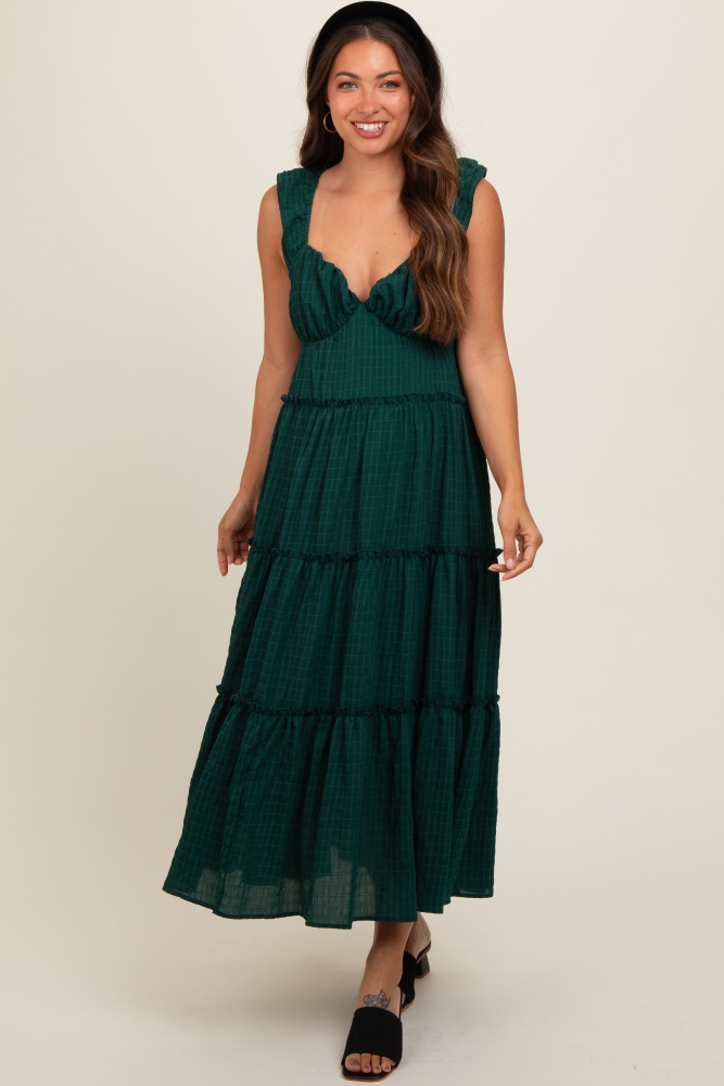 forest green textured tiered maternity midi dress