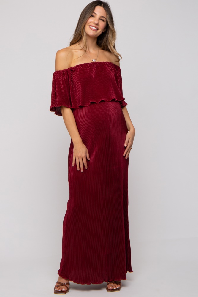 burgundy pleated ruffle off shoulder maternity maxi dress