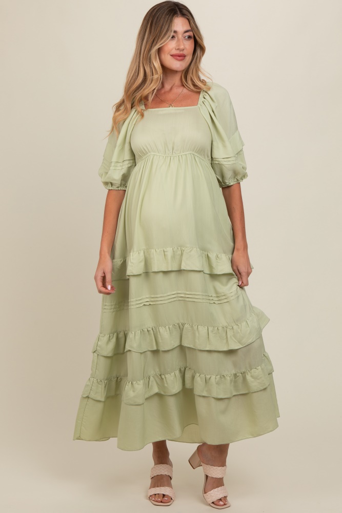 sage ruffle tiered maternity maxi dress