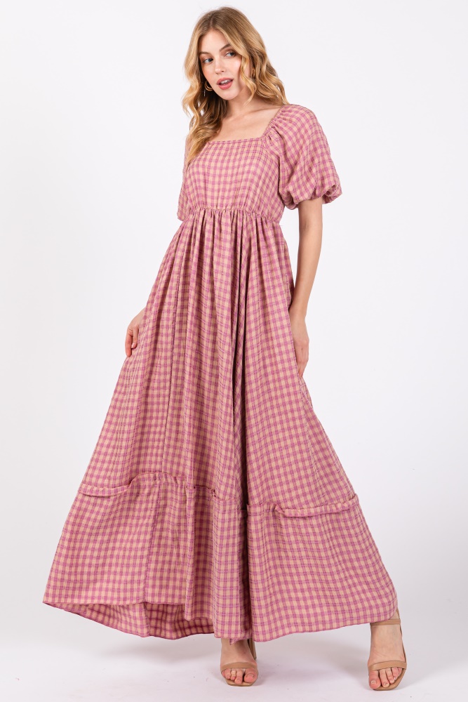 pink plaid puff sleeve maxi dress