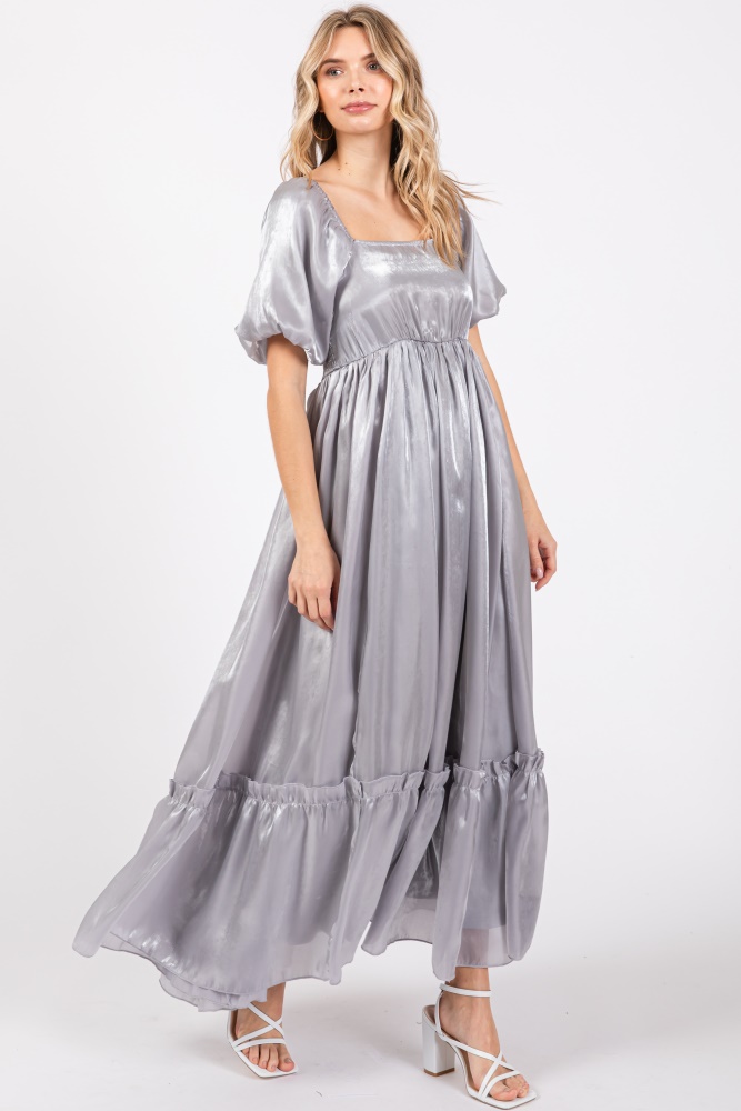 silver satin square neck short puff sleeve maxi dress