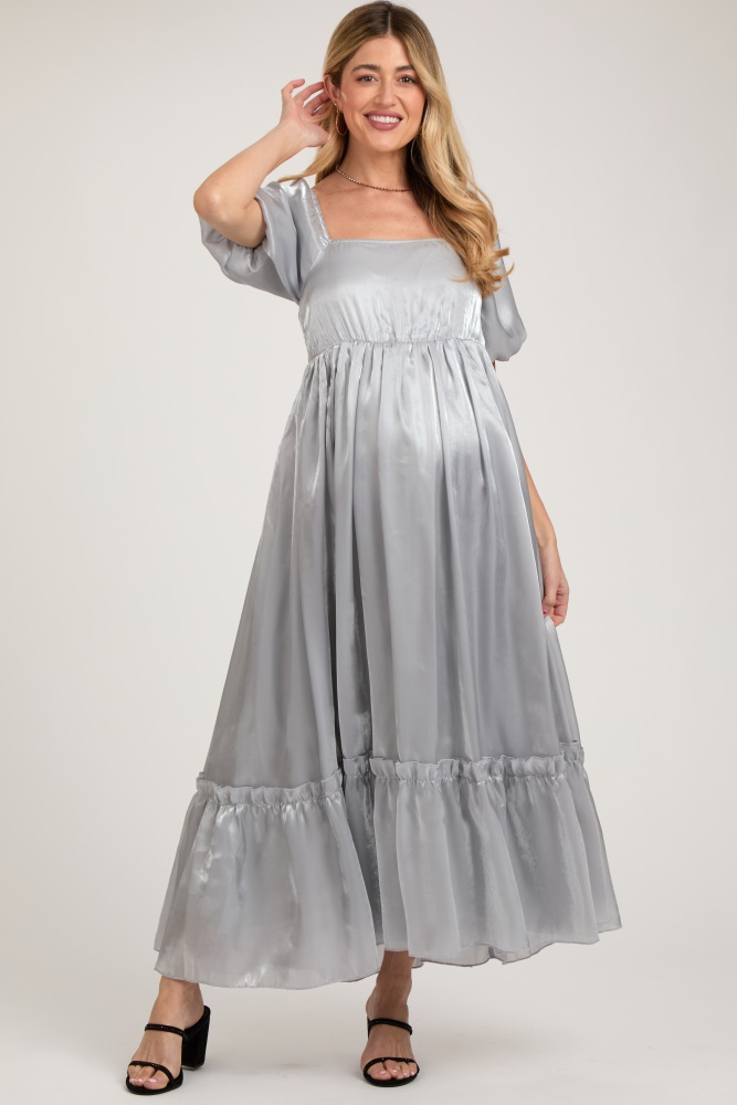 silver satin square neck short puff sleeve maternity maxi dress