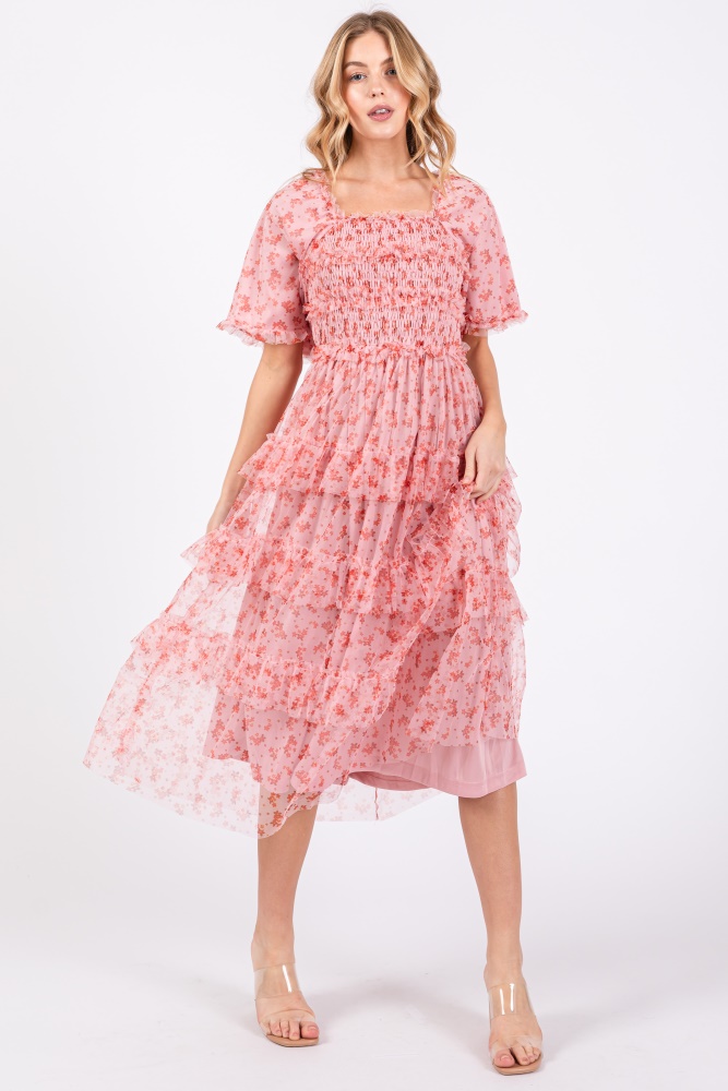 pink floral tulle smocked ruffle tiered midi dress