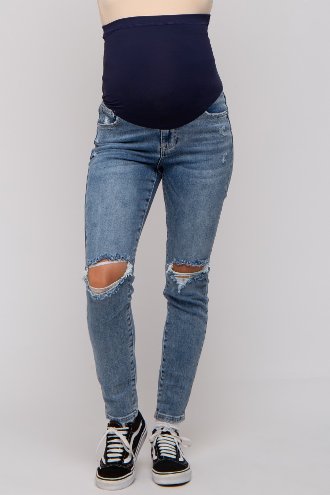 Blue Distressed Exposed Knee Maternity Flare Jeans– PinkBlush