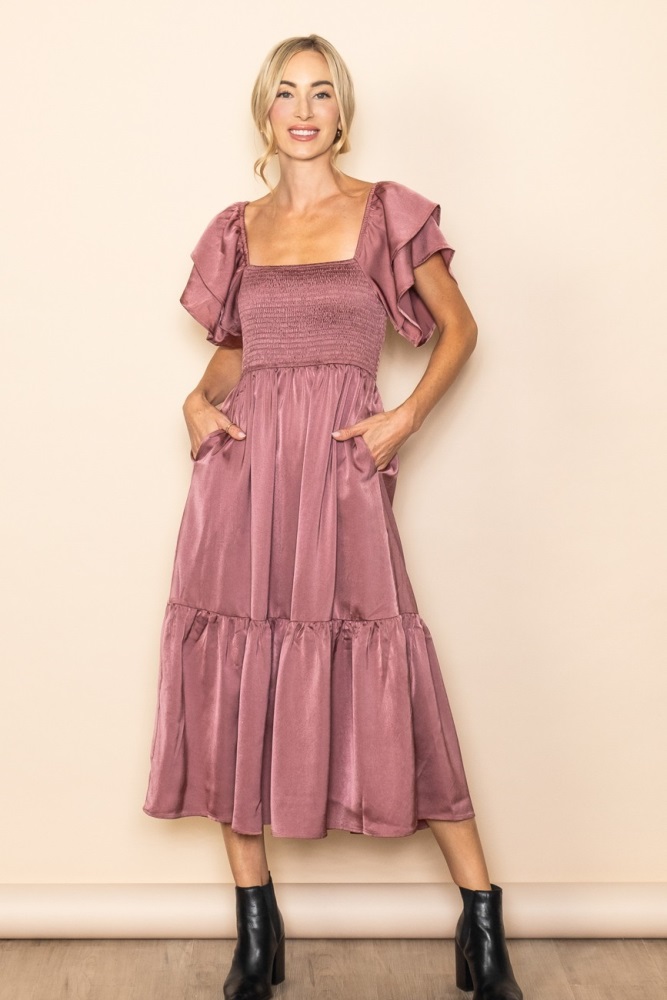 mauve satin flutter sleeve midi dress