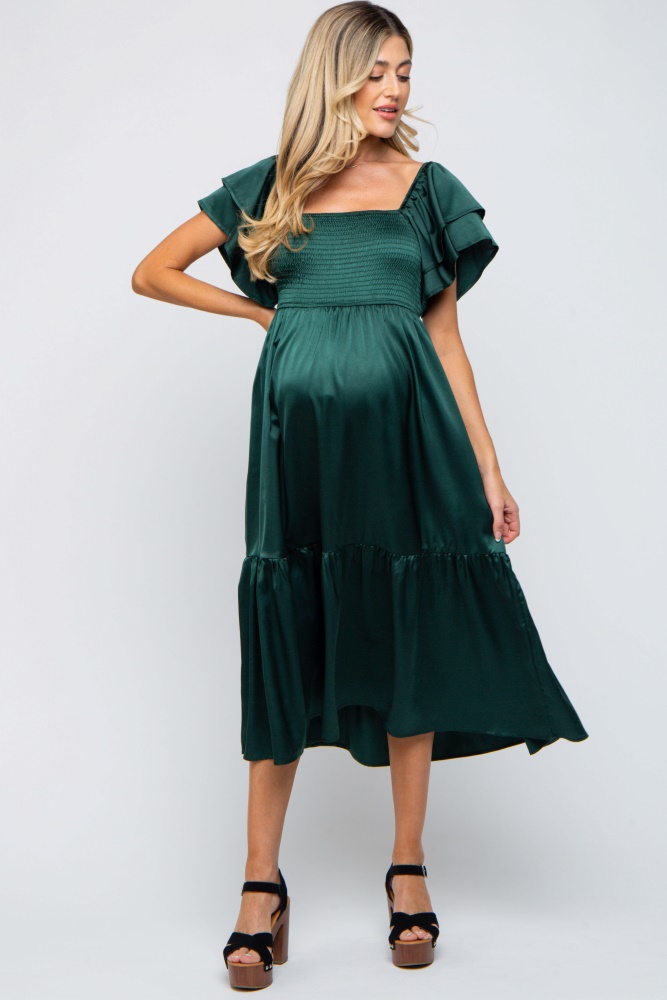 forest green satin flutter sleeve maternity midi dress