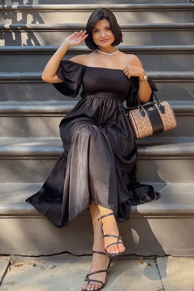satin flutter-sleeve midi dress Park Avenue Flutter Sleeve Side Split Midi Dress Ivory XS