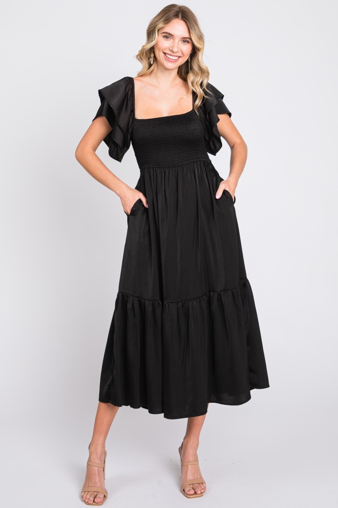 black satin flutter sleeve midi dress