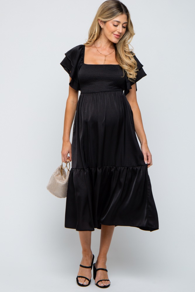 black satin flutter sleeve maternity midi dress