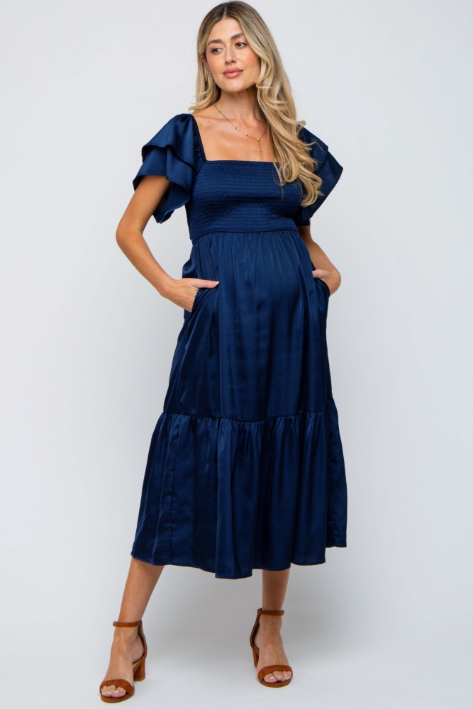 navy satin flutter sleeve maternity midi dress