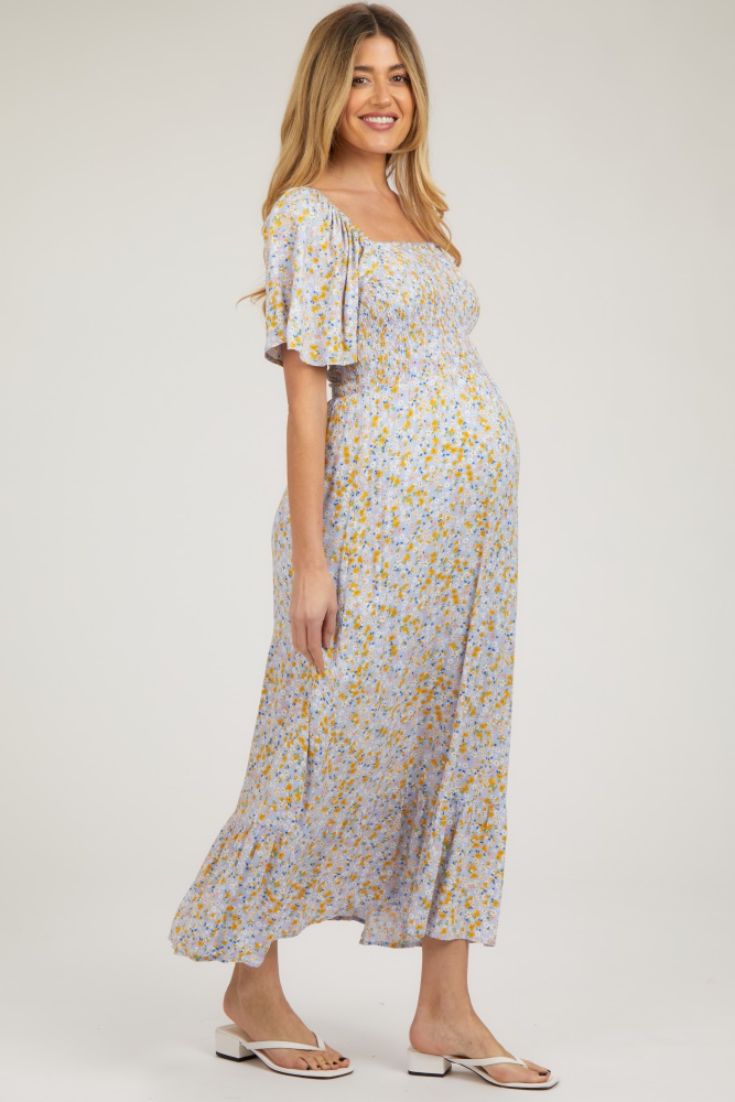 Blue Floral Ruffle Accent Maternity Dress– PinkBlush