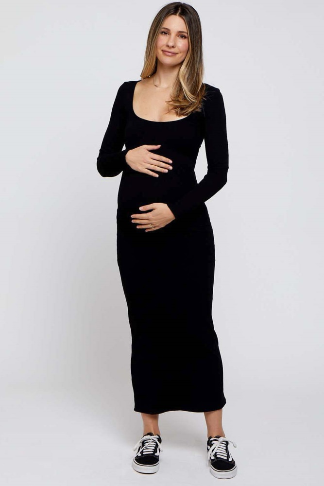 black ribbed scoop neck maternity midi dress