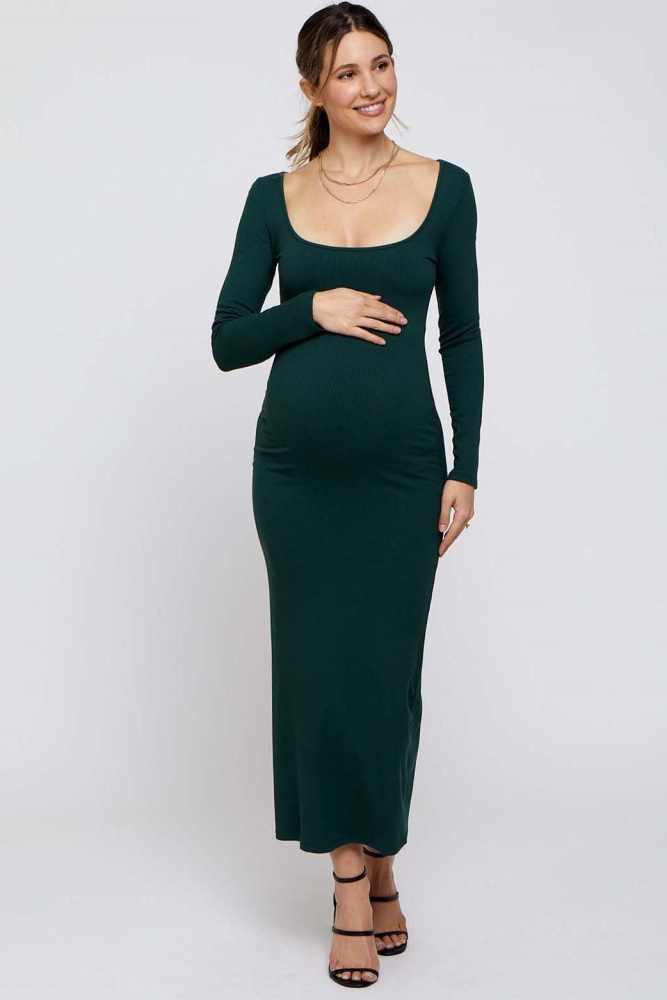 forest green ribbed scoop neck maternity midi dress