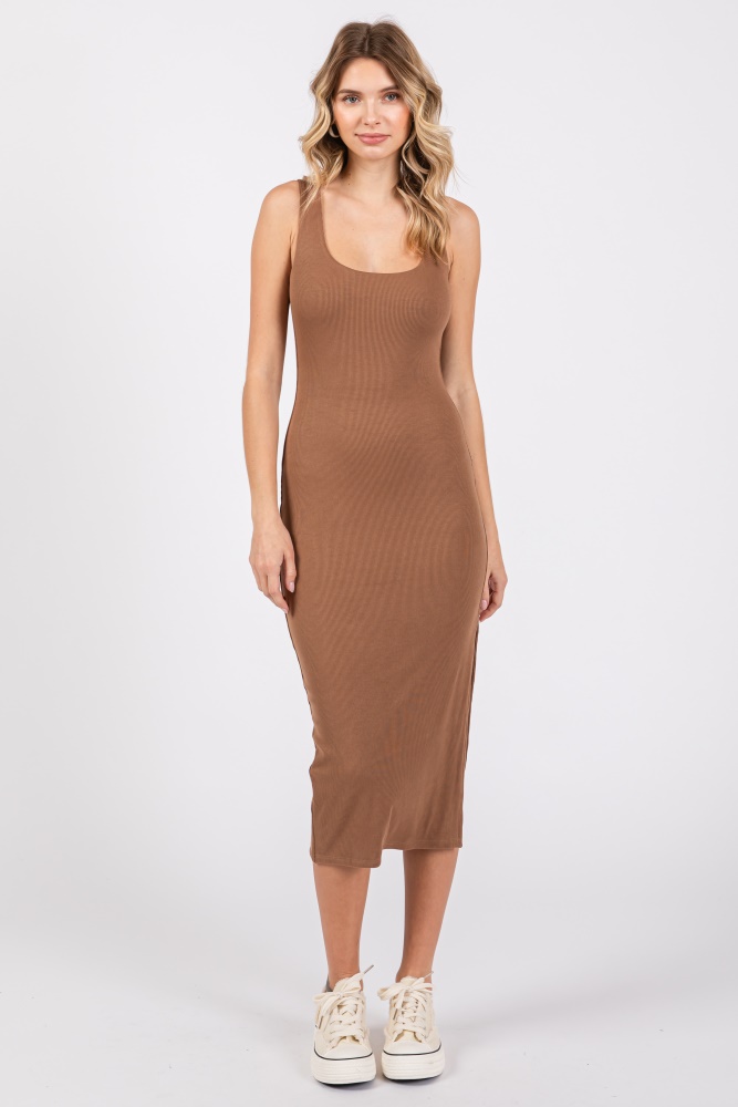 camel ribbed knit sleeveless side slit dress